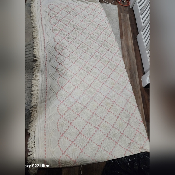 Bedding Antique 195s Chenille Geometric Patterned Ivory Bedspread Pink Pom Poms Poshmark